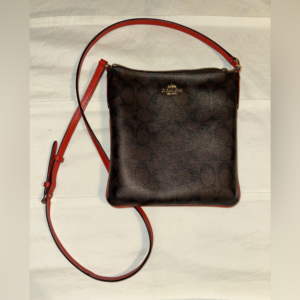 Coach Dark Brown and Red Messenger Bag